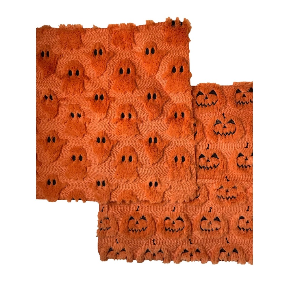 NEW Halloween Pillow Covers Orange 18"x18" Ghost Pumpkin Fuzzy Set of 2